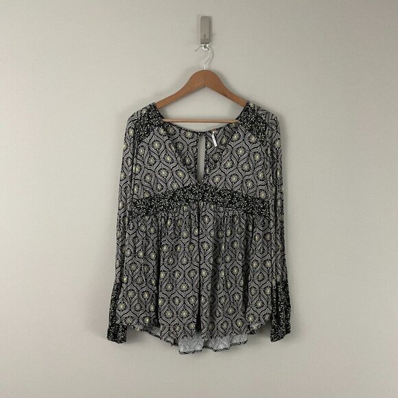 Free People Rolling Hills Bell Sleeve Tunic Top Black Combo Size Small - Picture 1 of 7